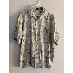 WFF Men's Hawaiian Short Sleeve 100% Silk Shirt Floral Print Blue/Tan Size Large